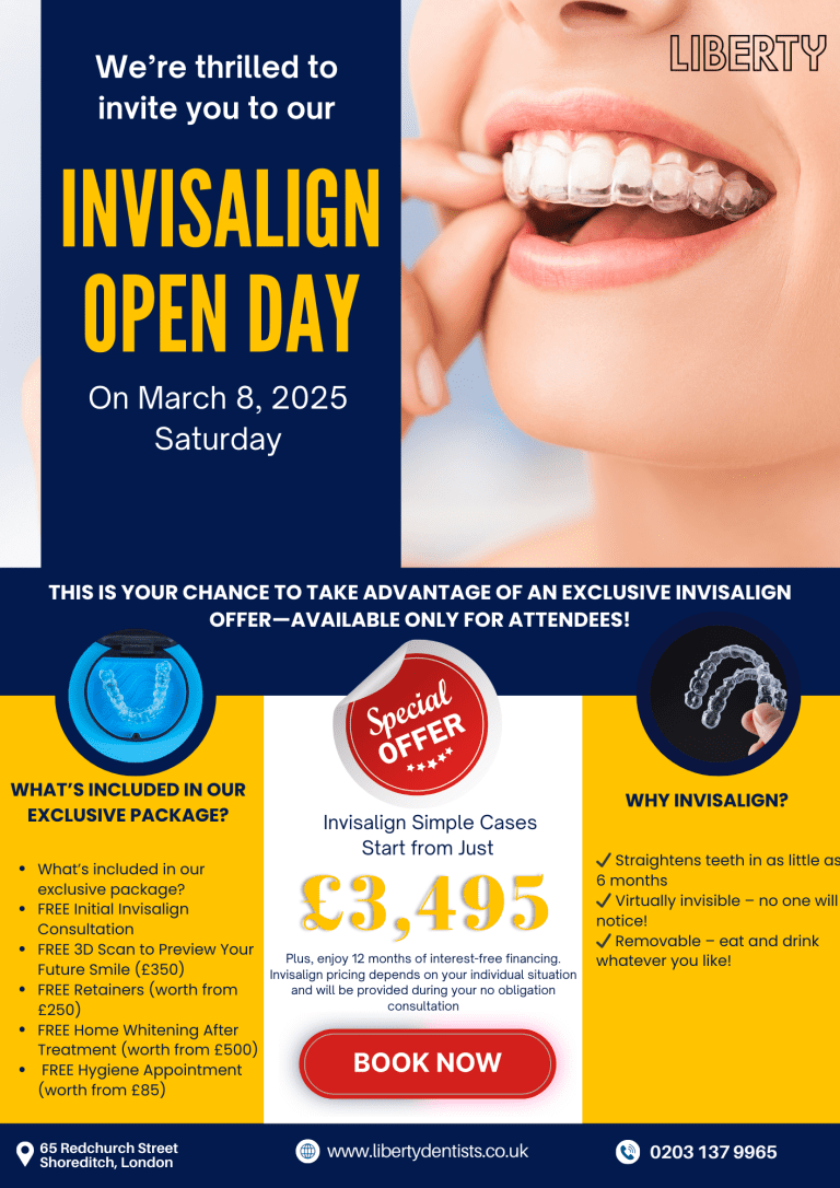 promotional poster for Invisalign Open Day of Liberty Dentists, London, UK on March 8, 2025