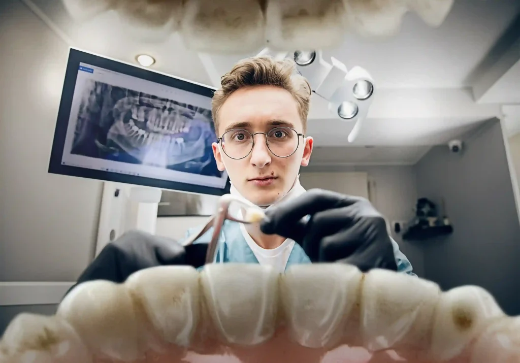 Dentist wearing gloves and glasses holding a freshly removed tooth with a dental X-ray displayed on the screen behind. Represents a wisdom tooth extraction performed by an emergency dentist in London. - Liberty Dentists